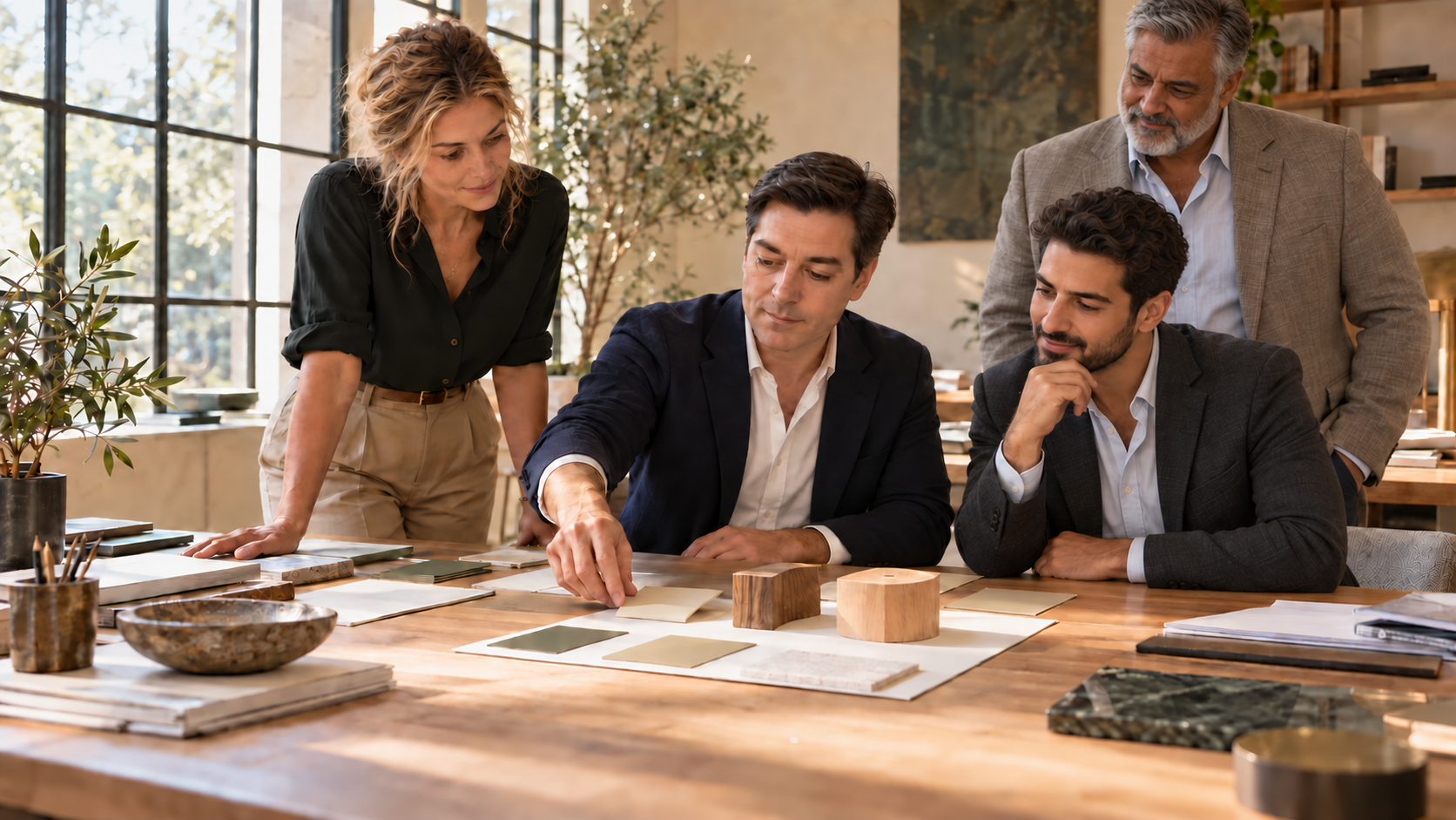 Illustrative scene: colleagues discuss materials and organize options around a shared table.