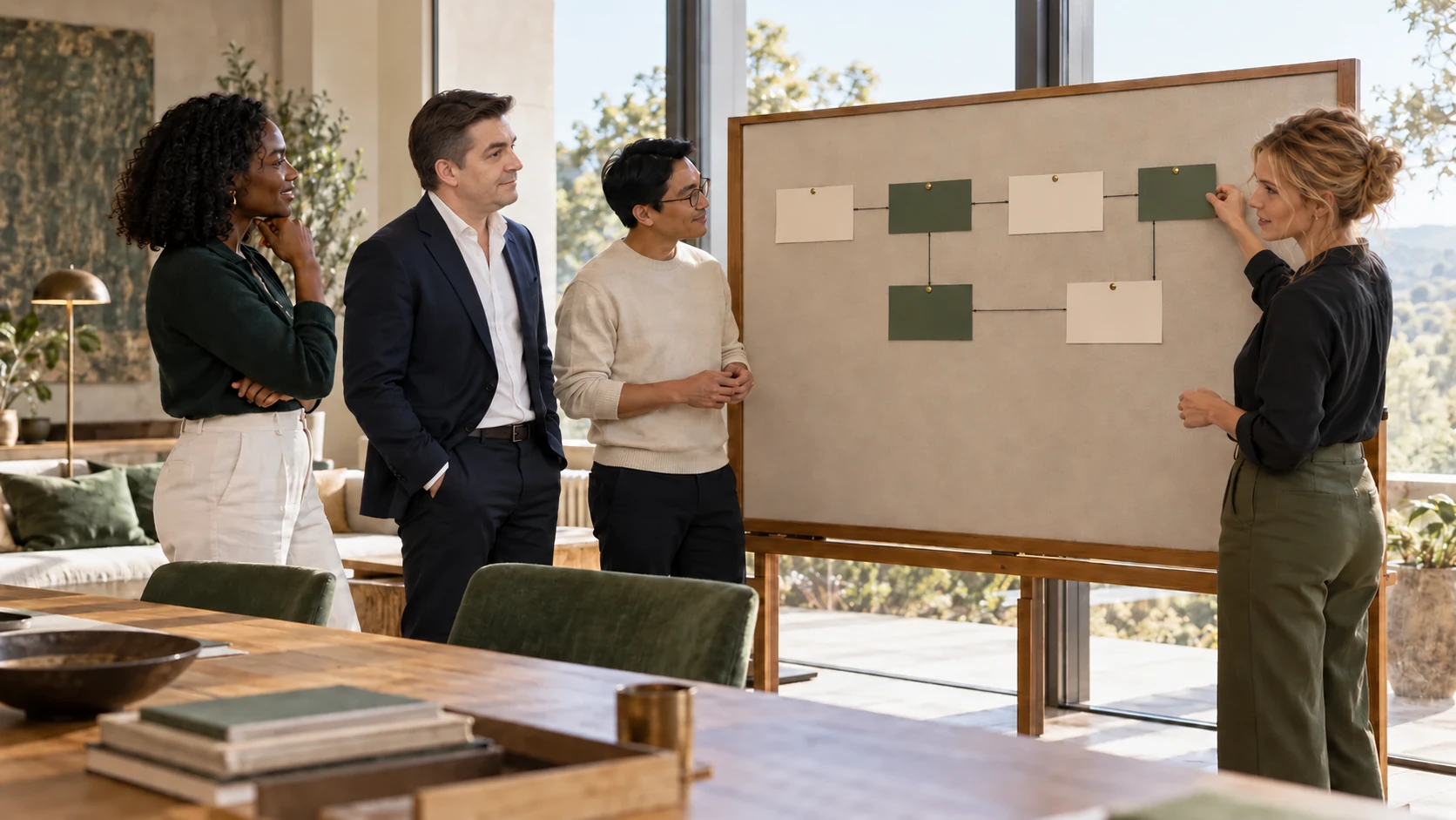 Illustrative scene: colleagues review process connections and open questions at a planning board.